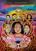 Artistic depiction of a family with a central figure holding the Earth, set against a colorful background.