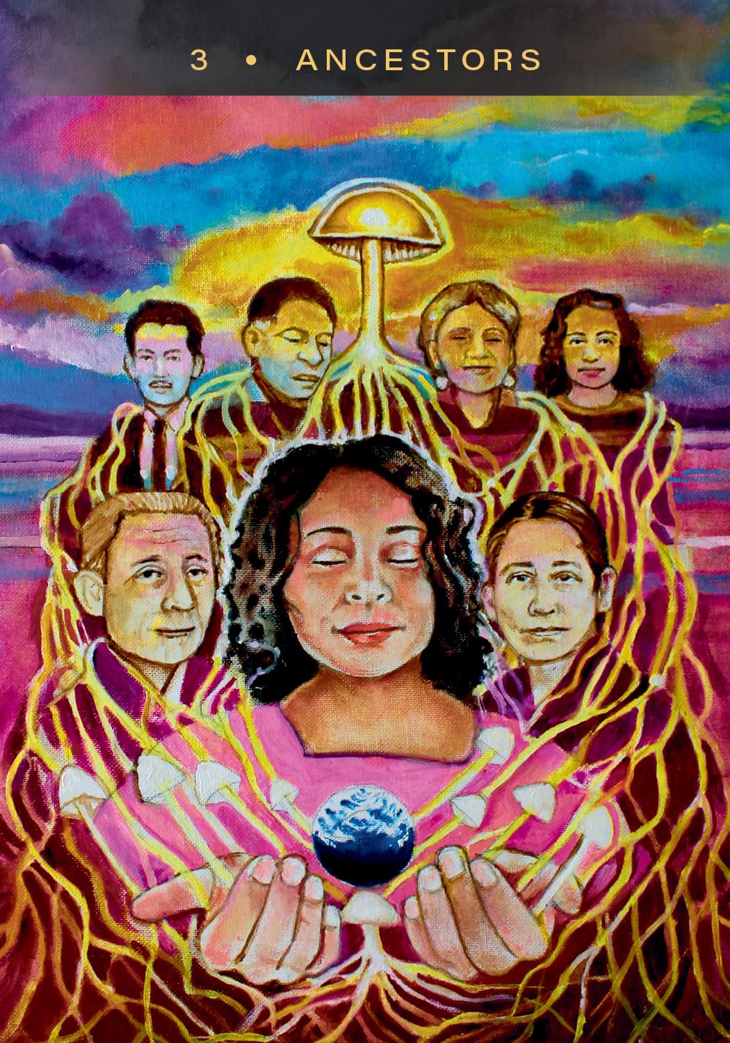 Artistic depiction of a family with a central figure holding the Earth, set against a colorful background.