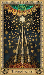 Card titled 'Three of Wands' with wands and star design on a starry night background.