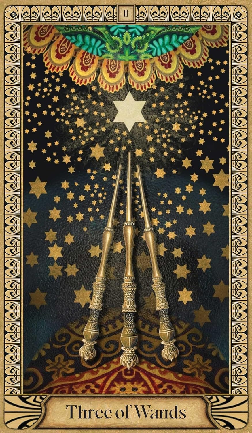 Card titled 'Three of Wands' with wands and star design on a starry night background.