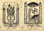 Illustrations of candles, herbs, and a mushroom with symbols on a textured background.