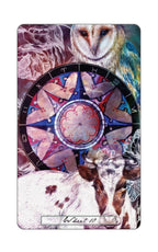 Decorative card with an owl, cow, and colorful design in the center