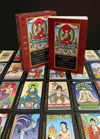 Buddha Tarot cards with colorful illustrations on a dark background