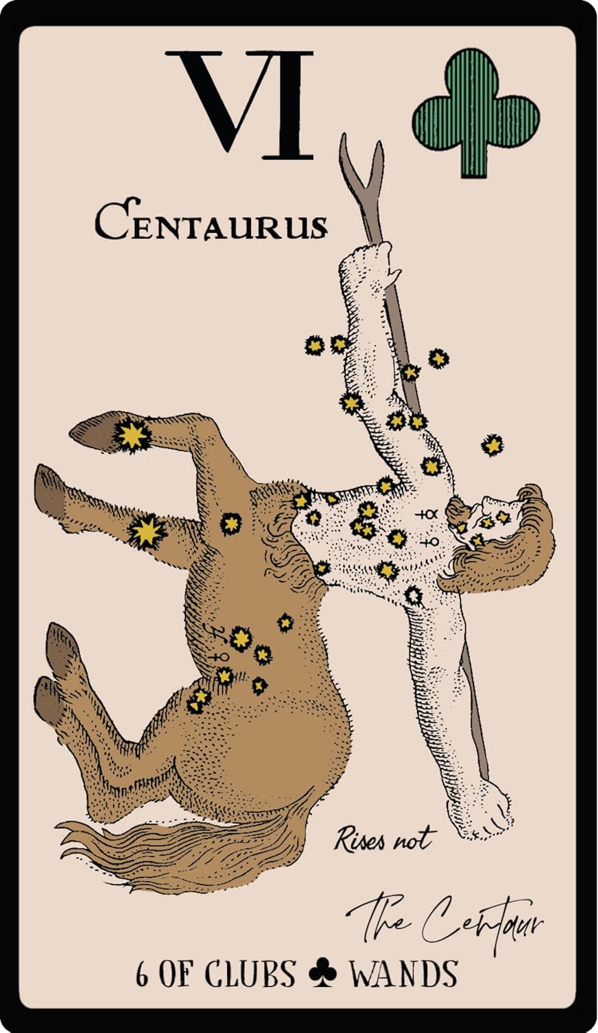 Card featuring a centaur with a club and wand, labeled '6 of Clubs & Wands'.