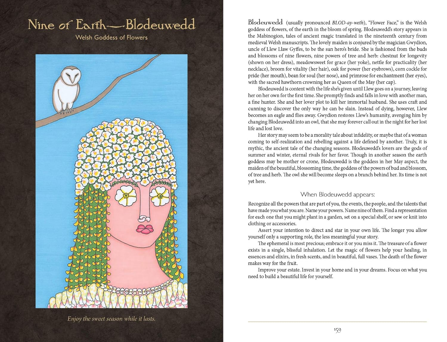 Illustration of a woman with flowers in her hair and an owl, with text on the right side.