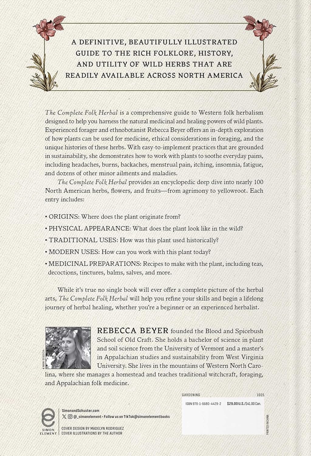 Book cover of 'The Complete Folk Herbal' by Rebecca Beery with text and illustrations.