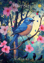 Bluebird on a branch with pink flowers and the word 'Happiness' at the top.