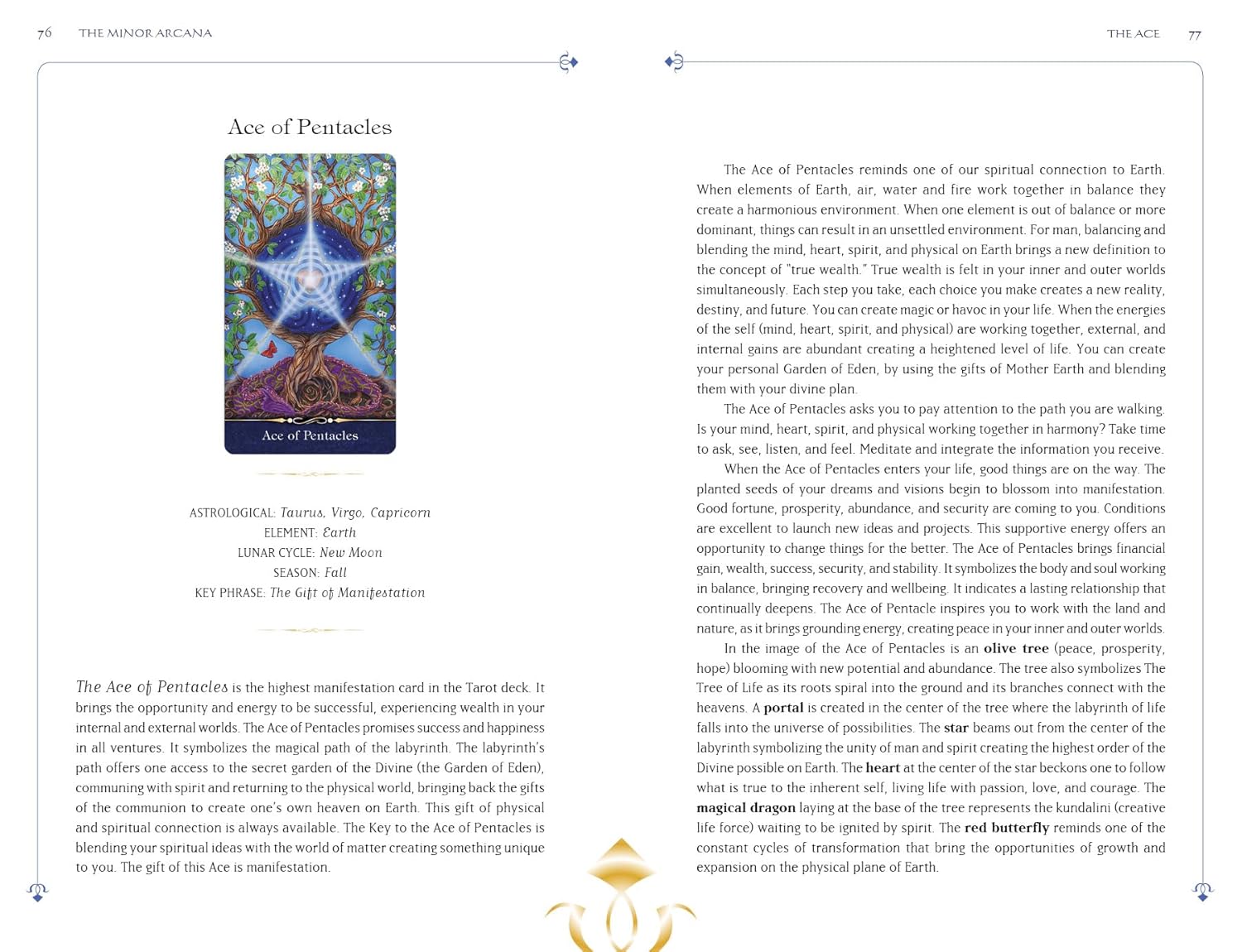 Page from a book or magazine featuring an Ace of Pentacles card from a tarot deck, with text and decorative elements.