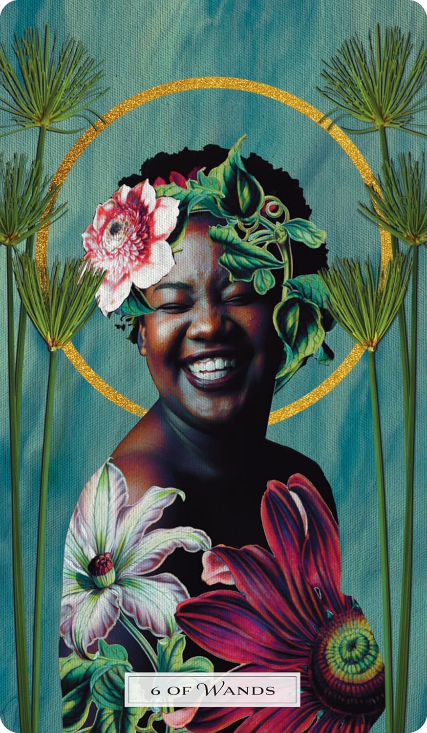 Card featuring a stylized illustration of a woman with flowers and plants, labeled '6 of Wands'.