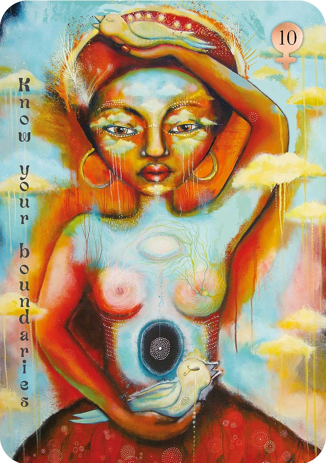 A colorful illustrated tarot-style card featuring a surreal figure with a bird, clouds, and the text 'Know your boundaries' on a blue background.