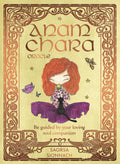 Front cover of the 'Anam Chara Oracle' card deck by Saorsa Sionnach, featuring a whimsical illustration of a girl with red hair meditating with a black cat on a purple cushion, surrounded by butterflies and stars on a beige background with an ornate brown border.