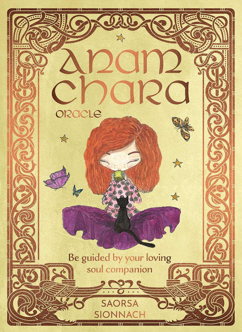 Front cover of the 'Anam Chara Oracle' card deck by Saorsa Sionnach, featuring a whimsical illustration of a girl with red hair meditating with a black cat on a purple cushion, surrounded by butterflies and stars on a beige background with an ornate brown border.