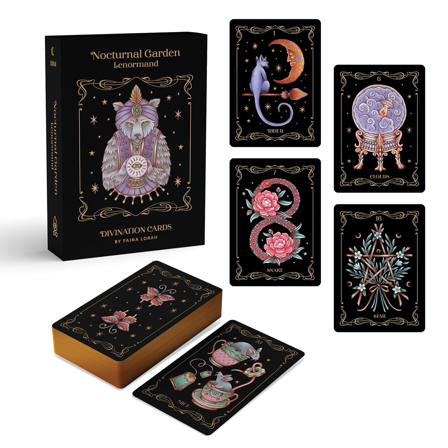 Nocturnal Garden Lenormand divination cards with packaging on a white background