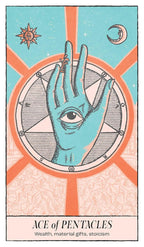 Tarot card featuring a hand with an eye and astrological symbols on a colorful background