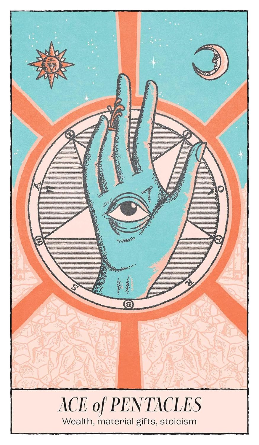 Tarot card featuring a hand with an eye and astrological symbols on a colorful background