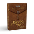 Camelot Oracle card game box with brown leather texture and gold lettering on a white background