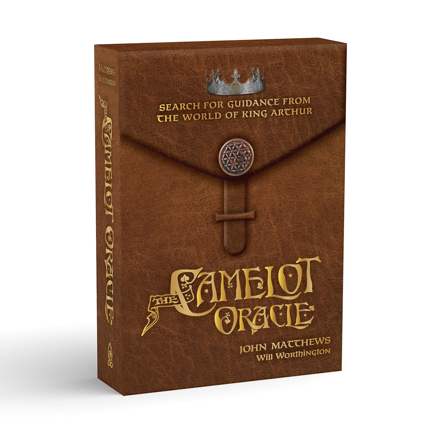 Camelot Oracle card game box with brown leather texture and gold lettering on a white background