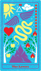 Card featuring symbols like a sun, heart, snake, and mountains on a blue background