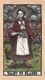Card featuring a figure labeled 'Valet of Blades' with a stylized background