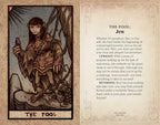 Card featuring 'The Fool' with a character holding a purple object, set against a detailed background.