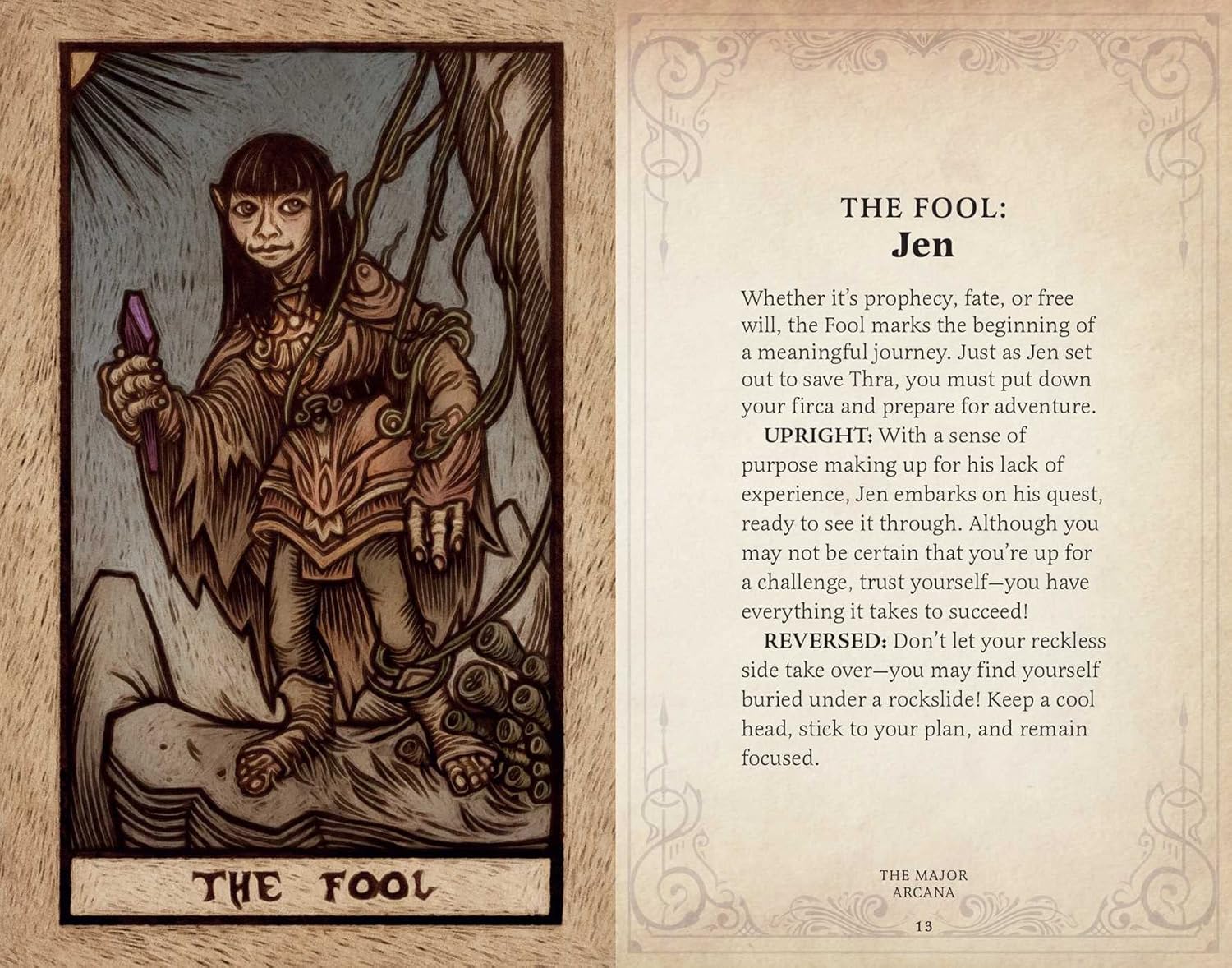 Card featuring 'The Fool' with a character holding a purple object, set against a detailed background.