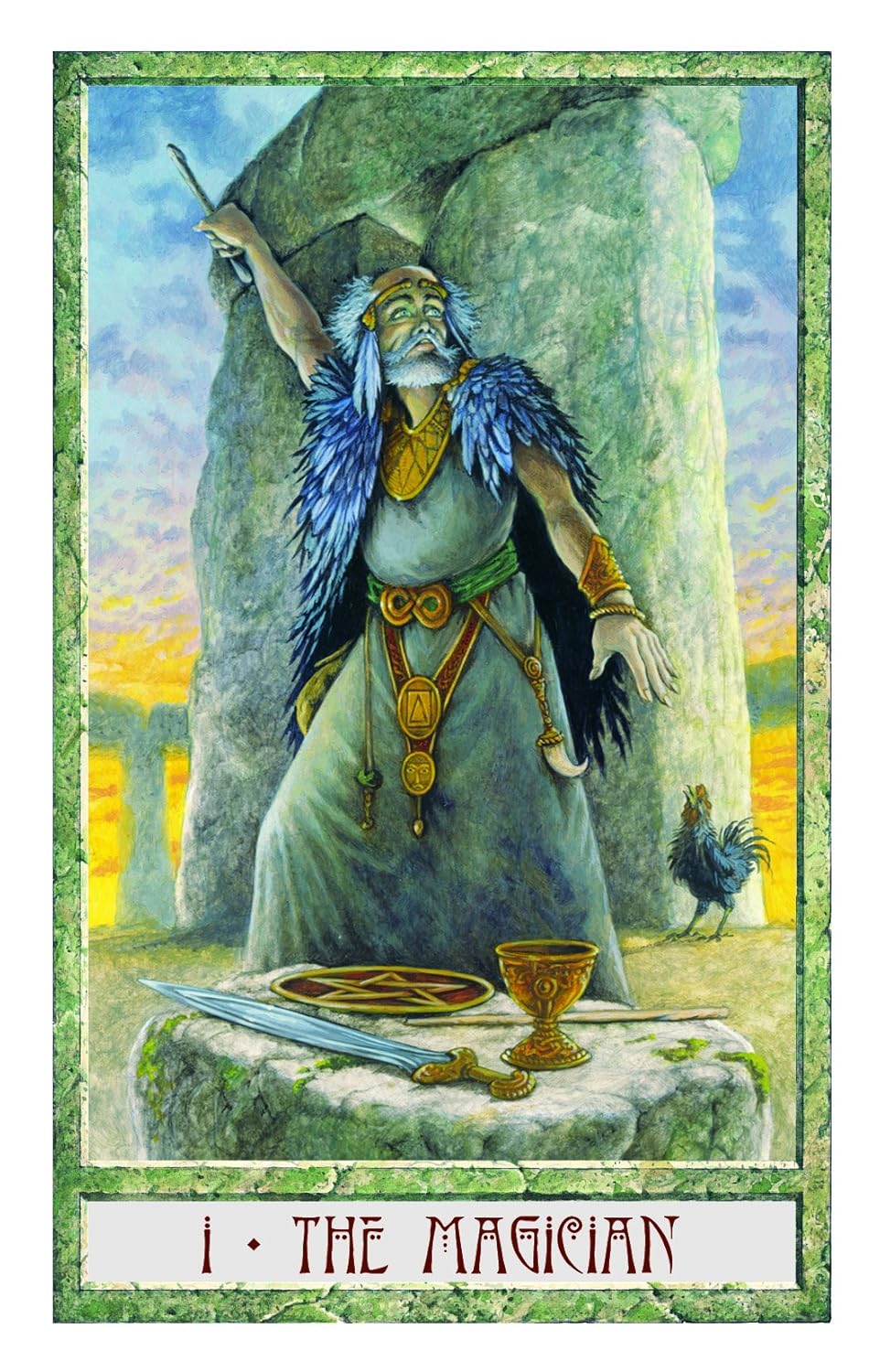 Tarot card featuring 'The Magician' with a figure in robes and wings, standing next to a sword and cup.