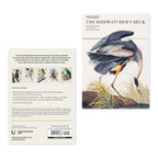 Birdwatcher's deck packaging with bird illustration and text on a white background