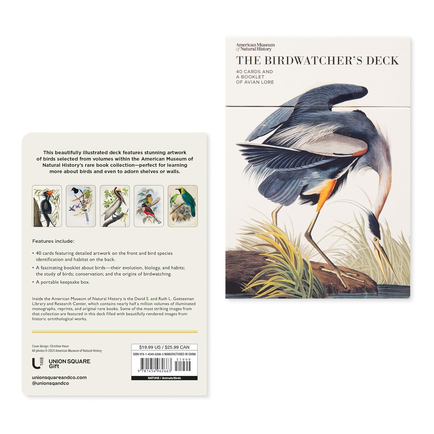 Birdwatcher's deck packaging with bird illustration and text on a white background