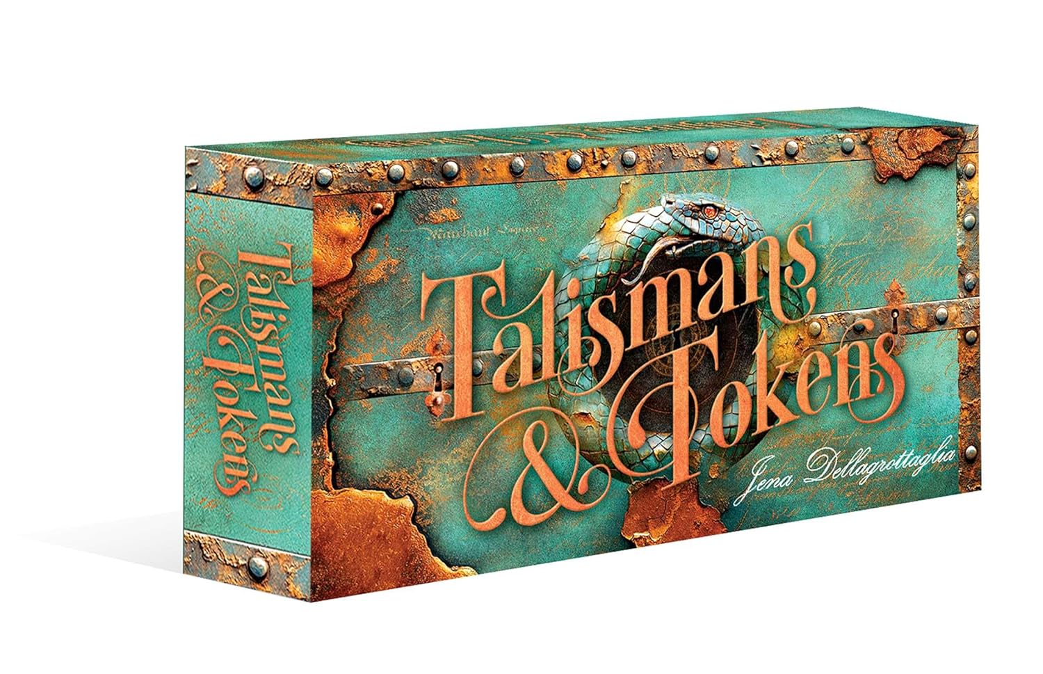 Board game box titled 'Talismans & Tokens' with rustic design elements.