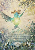 Fairy-like creature with wings and a crown surrounded by flowers and foliage, with text overlay.