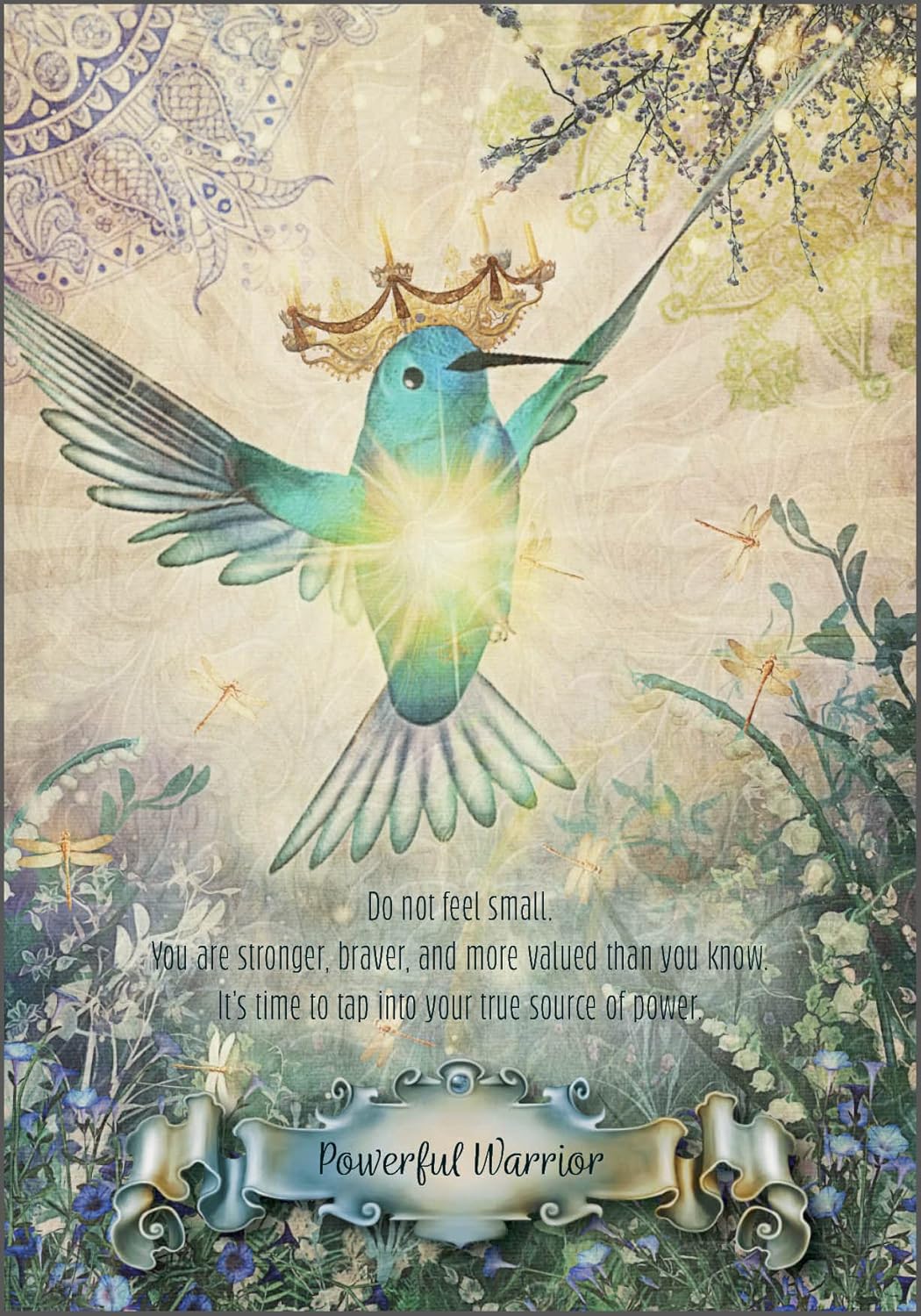 Fairy-like creature with wings and a crown surrounded by flowers and foliage, with text overlay.