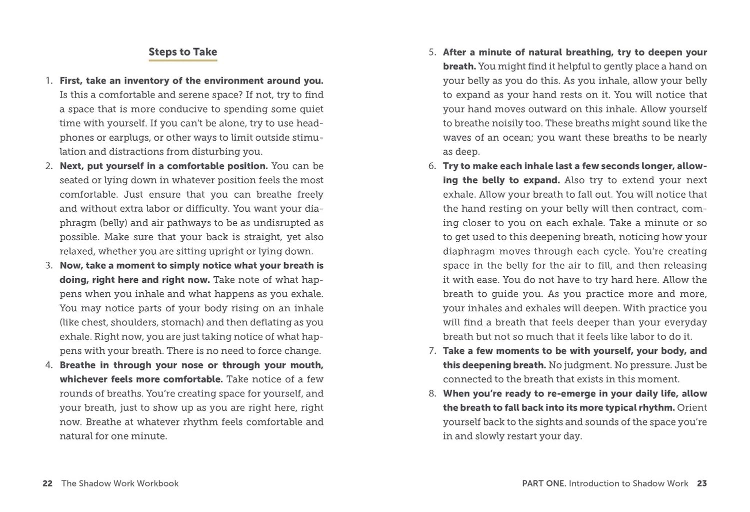 Page from a book titled 'The Shadow Work Workbook' with text on deep breathing exercises.