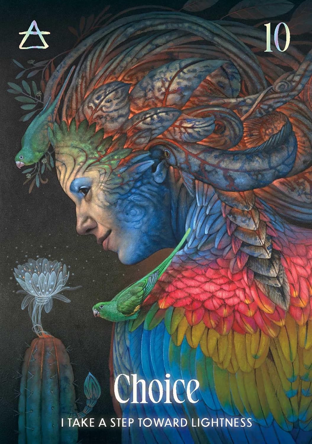 Colorful artwork of a person with bird-like features and a flower, with the number 10 and text 'Choice' on a dark background.