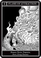 Tarot card titled 'Flame of Attraction' with black and white design and text.