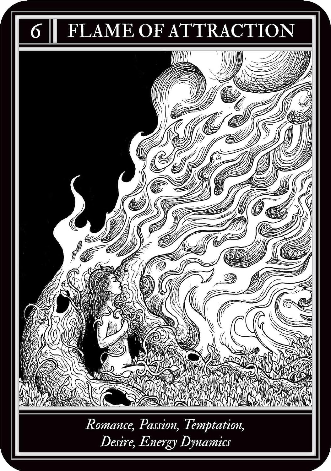 Tarot card titled 'Flame of Attraction' with black and white design and text.