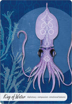 Card with a purple squid illustration on a blue background with underwater design