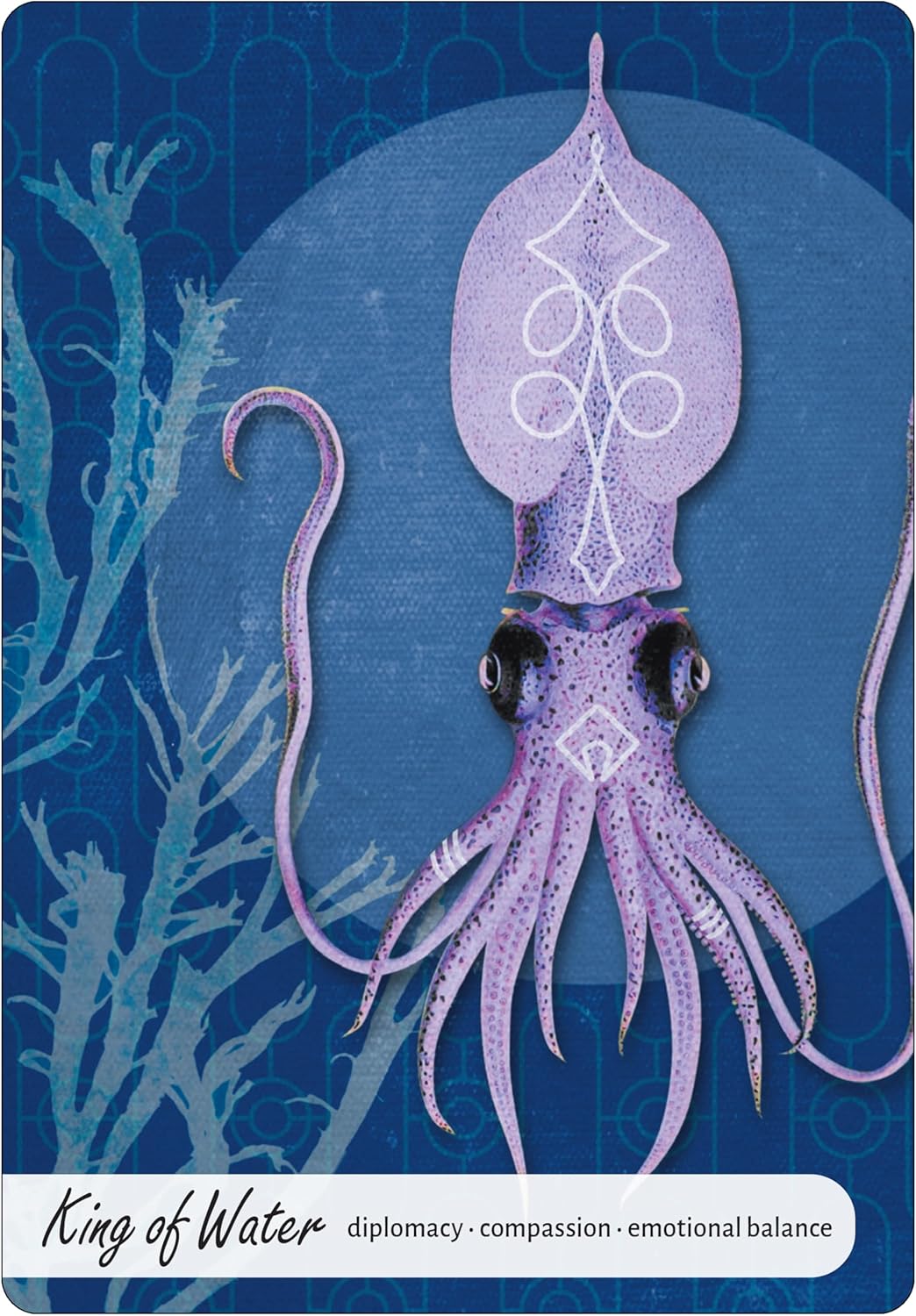 Card with a purple squid illustration on a blue background with underwater design