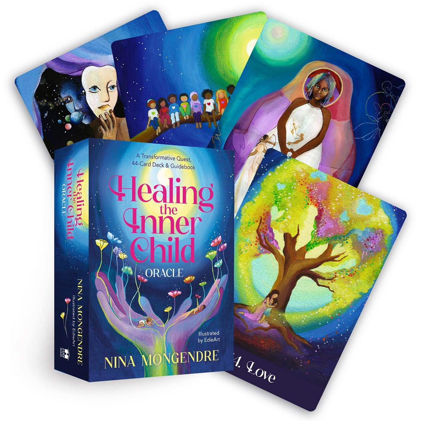 Healing the Inner Child Oracle card set with colorful illustrations and book cover.
