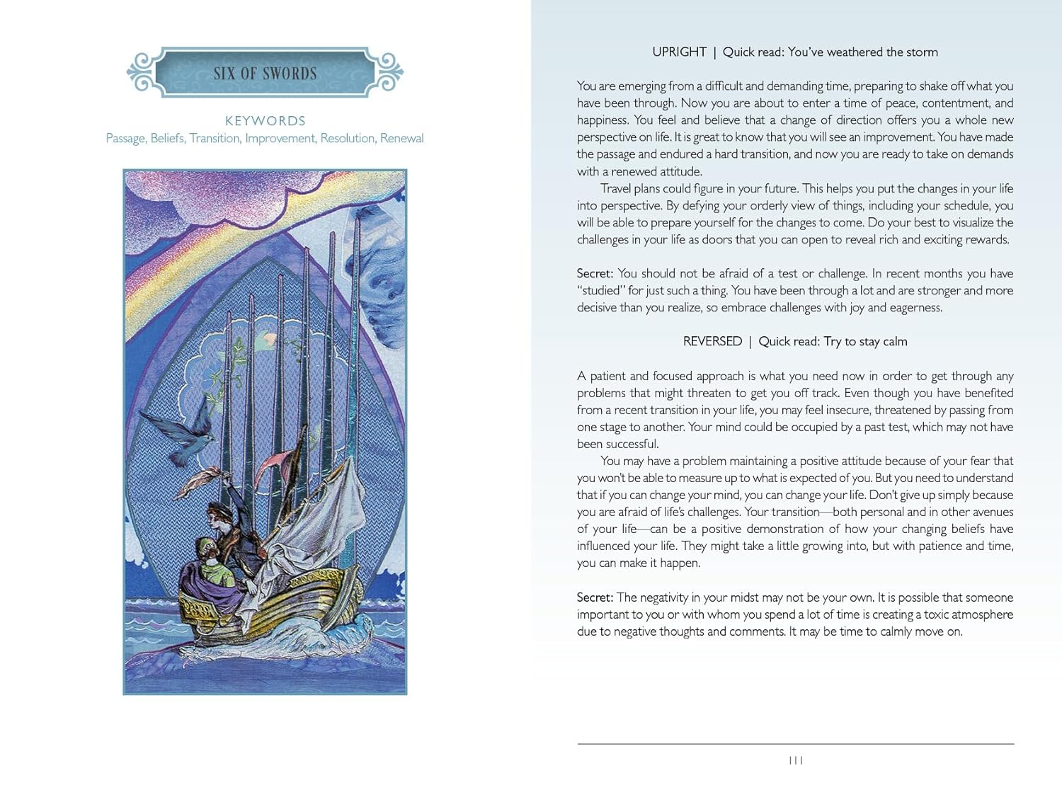 Card from a tarot deck with a ship and rainbow, accompanied by text.