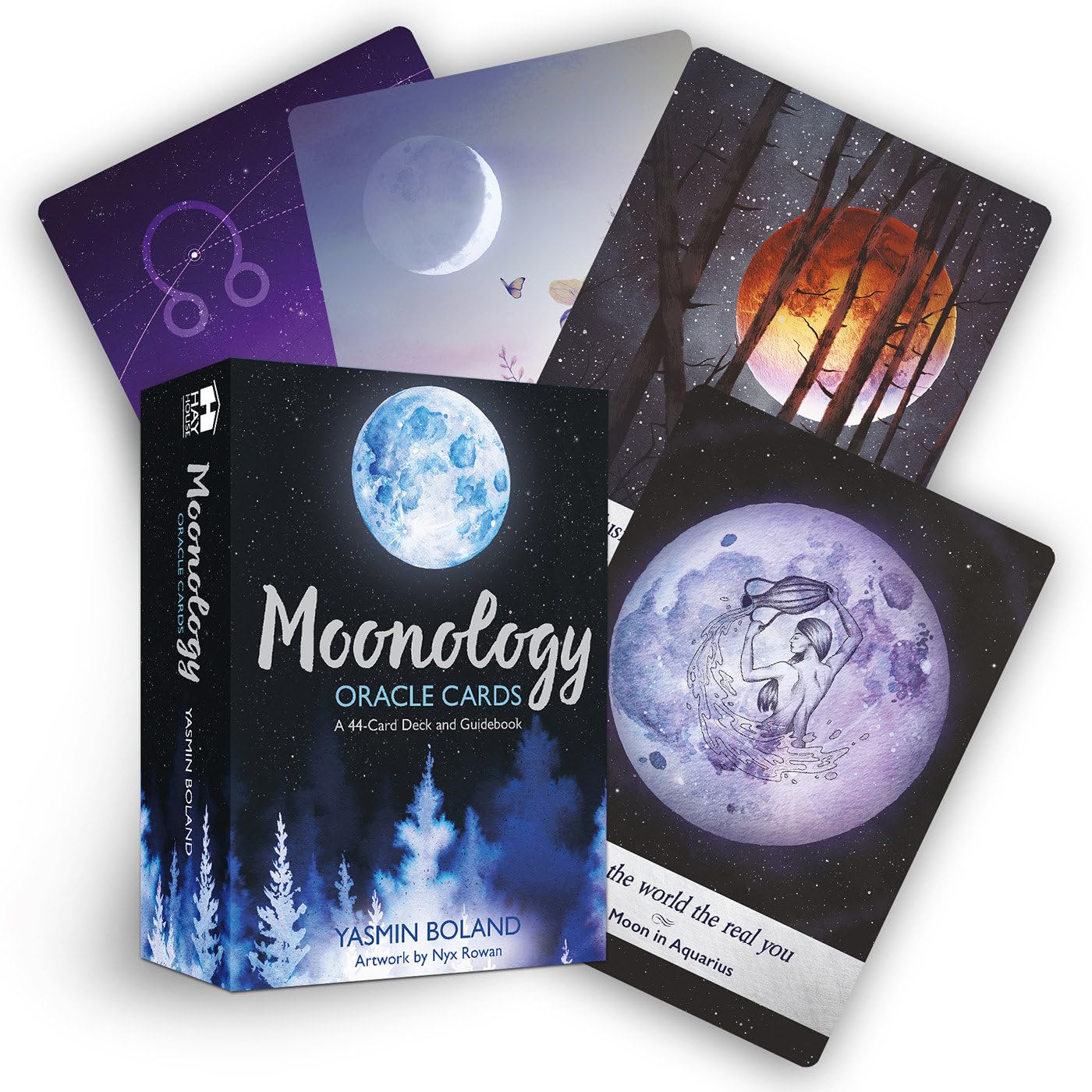 Moonology Oracle Cards by Yasmin Boland with cover and cards displayed on a white background