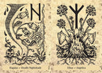 Two black and white illustrations of plants with corresponding names and symbols on a textured beige background.