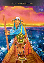 Card with a person holding a staff, standing on a boat with a deer head, against a colorful landscape.