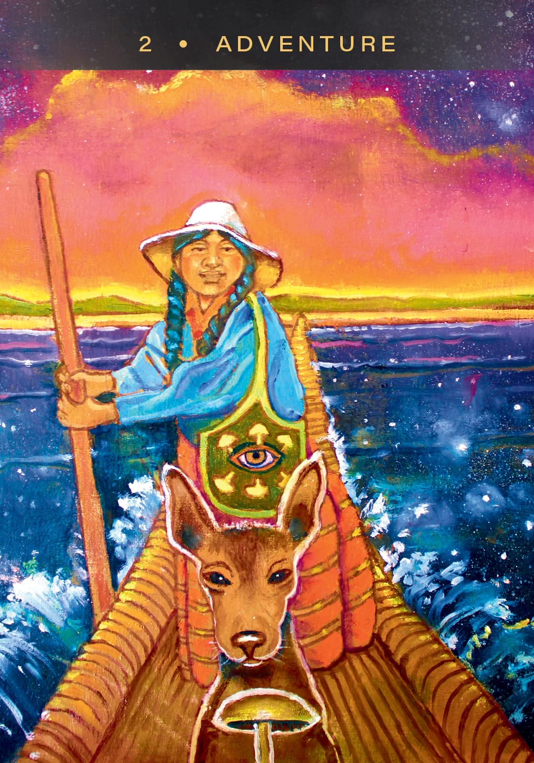 Card with a person holding a staff, standing on a boat with a deer head, against a colorful landscape.