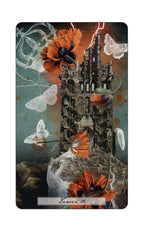 Collage with castle, flowers, and butterflies on a dark background