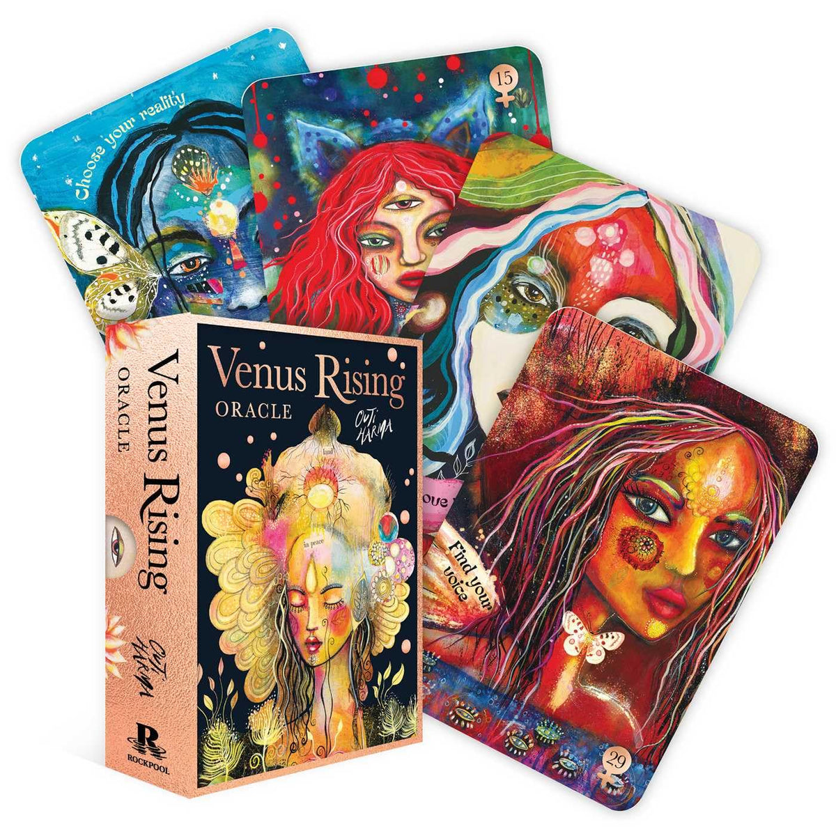 Venus Rising Oracle cards with colorful illustrations on a white background