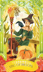 Illustration of a character holding a broom with decorative elements and text 'King of Brooms'.