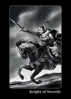 Knight on horseback with a sword against a stormy sky, labeled 'Knight of Swords'.