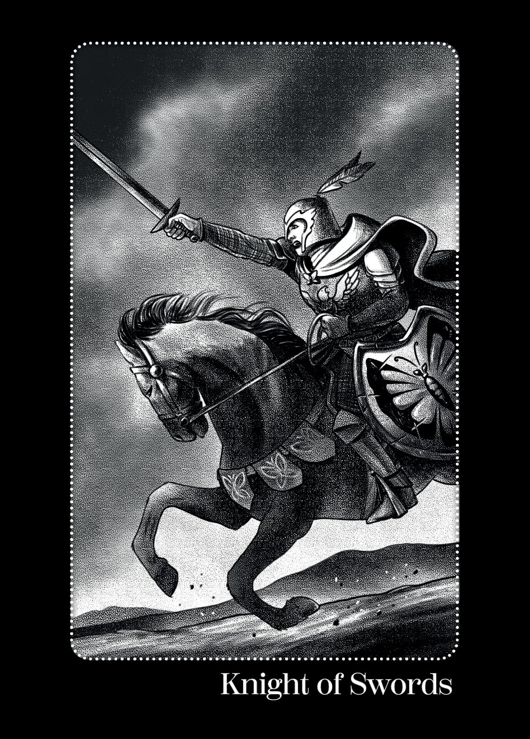 Knight on horseback with a sword against a stormy sky, labeled 'Knight of Swords'.