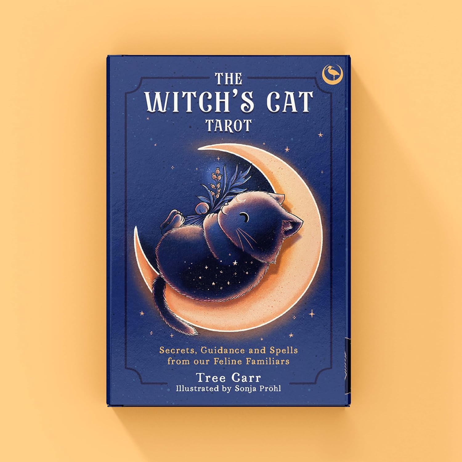 Book titled 'The Witch's Cat Tarot' on a yellow background