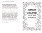 A printed page spread from a book or booklet titled 'THE KYBALION: A STUDY OF THE HERMETIC PHILOSOPHY OF ANCIENT EGYPT AND GREECE' by Three Initiates, with ornate black-and-white decorative border illustrations and a short text excerpt on the left and title text on the right.